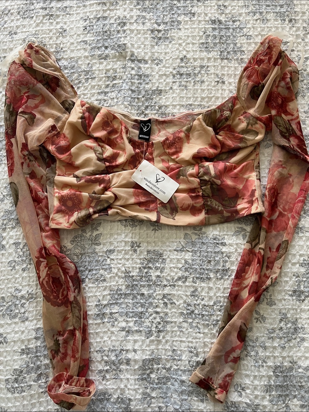 Windsor Rose-Print Long Sleeve Mesh Crop Top - Beige & Rose